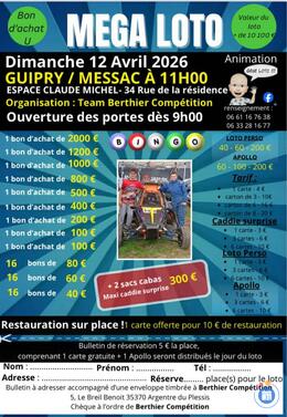 Affiche du loto Méga loto du TEAM BERTHIER COMPETITION anim Gégé loto