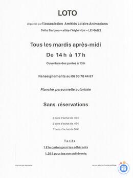 Affiche du loto Loto amities loisirs animations