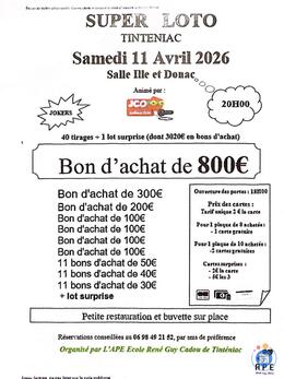 Affiche du loto Super loto APE école René Guy Cadou Tinténiac avec JCO