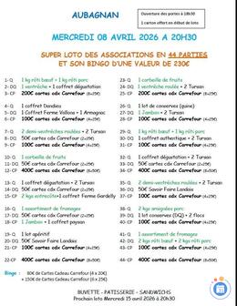 Affiche du loto Super Loto en 44 parties et son bingo à Aubagnan à 20h30