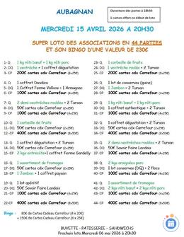 Affiche du loto Super Loto en 44 parties et son bingo à Aubagnan à 20h30