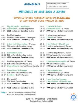 Affiche du loto Super Loto en 44 parties et son bingo à Aubagnan à 20h30